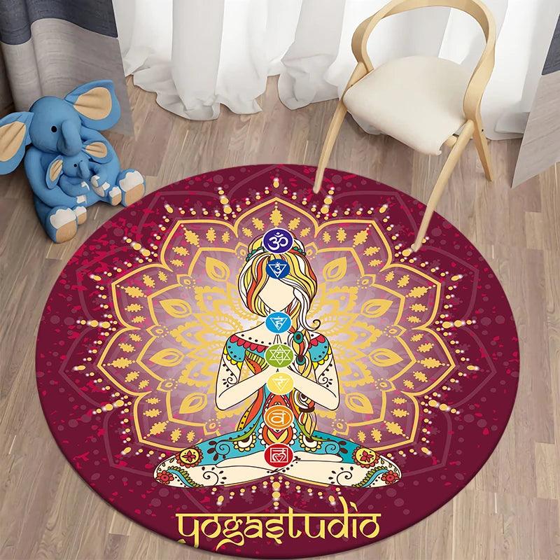 Mandala Chakra Tapetes Redondos para Sala de Yoga e Meditação - Tapete de Área, Tapete de Cozinha e Banheiro Antiderrapante - ORIENTE PRIME