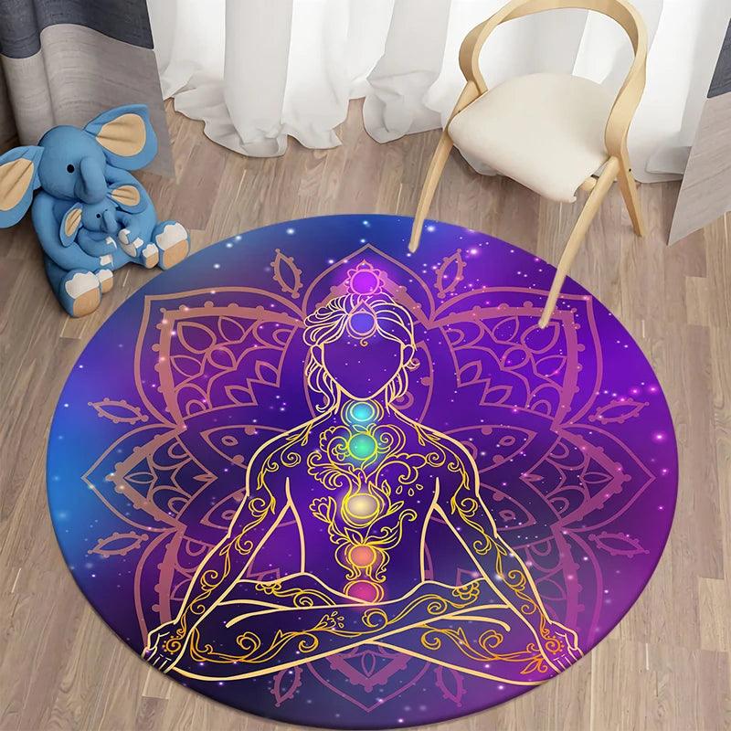 Mandala Chakra Tapetes Redondos para Sala de Yoga e Meditação - Tapete de Área, Tapete de Cozinha e Banheiro Antiderrapante - ORIENTE PRIME