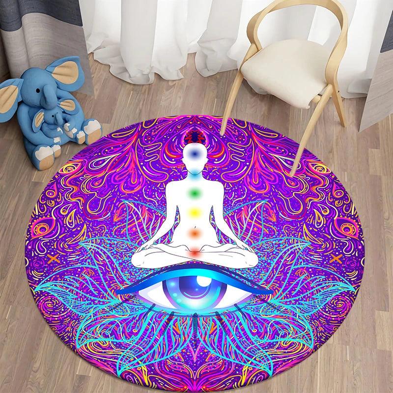 Mandala Chakra Tapetes Redondos para Sala de Yoga e Meditação - Tapete de Área, Tapete de Cozinha e Banheiro Antiderrapante - ORIENTE PRIME