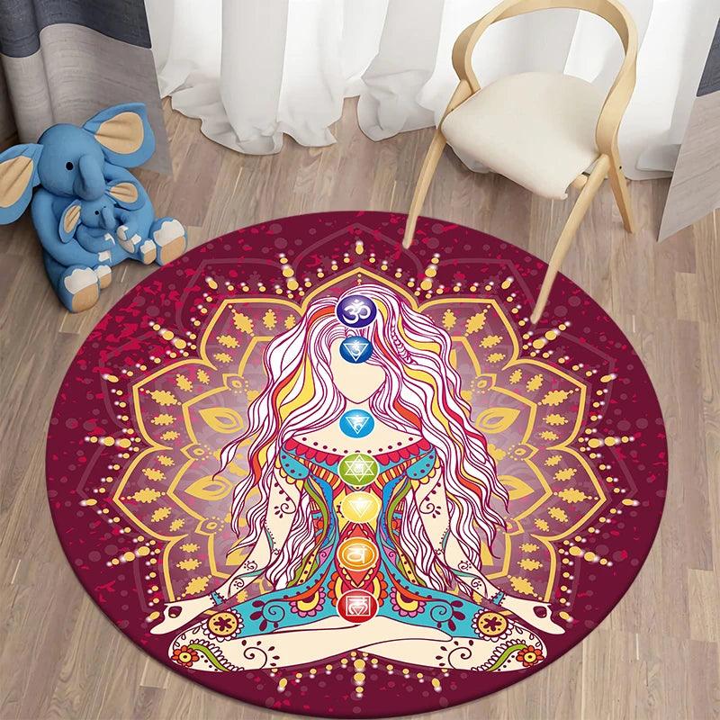 Mandala Chakra Tapetes Redondos para Sala de Yoga e Meditação - Tapete de Área, Tapete de Cozinha e Banheiro Antiderrapante - ORIENTE PRIME