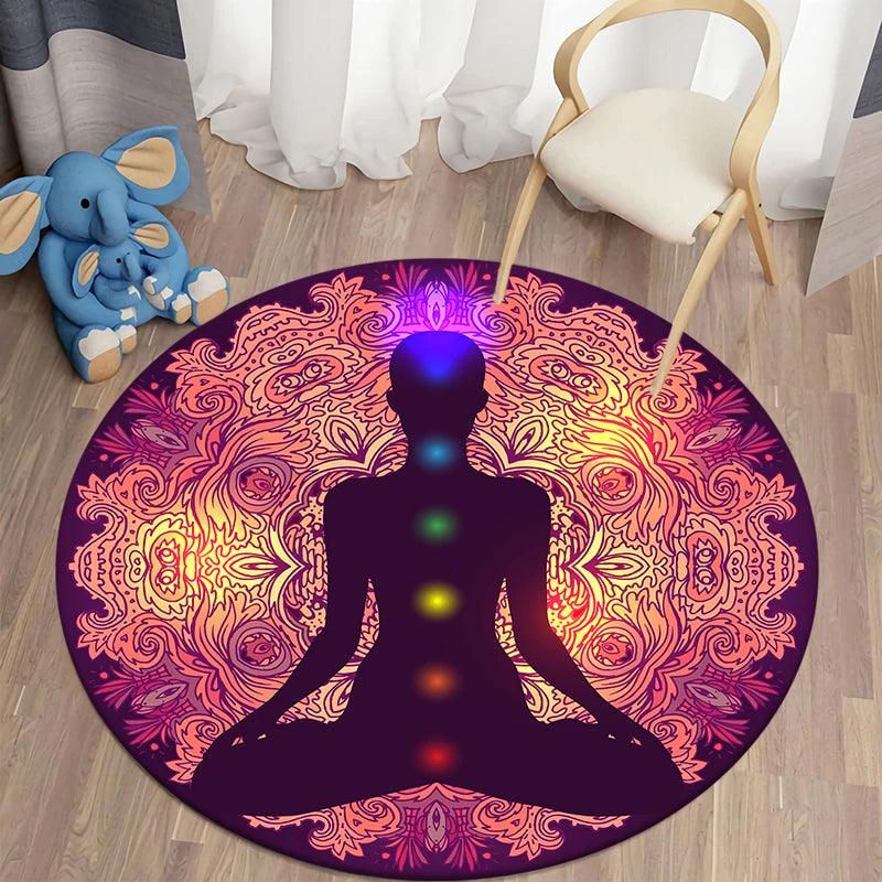 Mandala Chakra Tapetes Redondos para Sala de Yoga e Meditação - Tapete de Área, Tapete de Cozinha e Banheiro Antiderrapante - ORIENTE PRIME